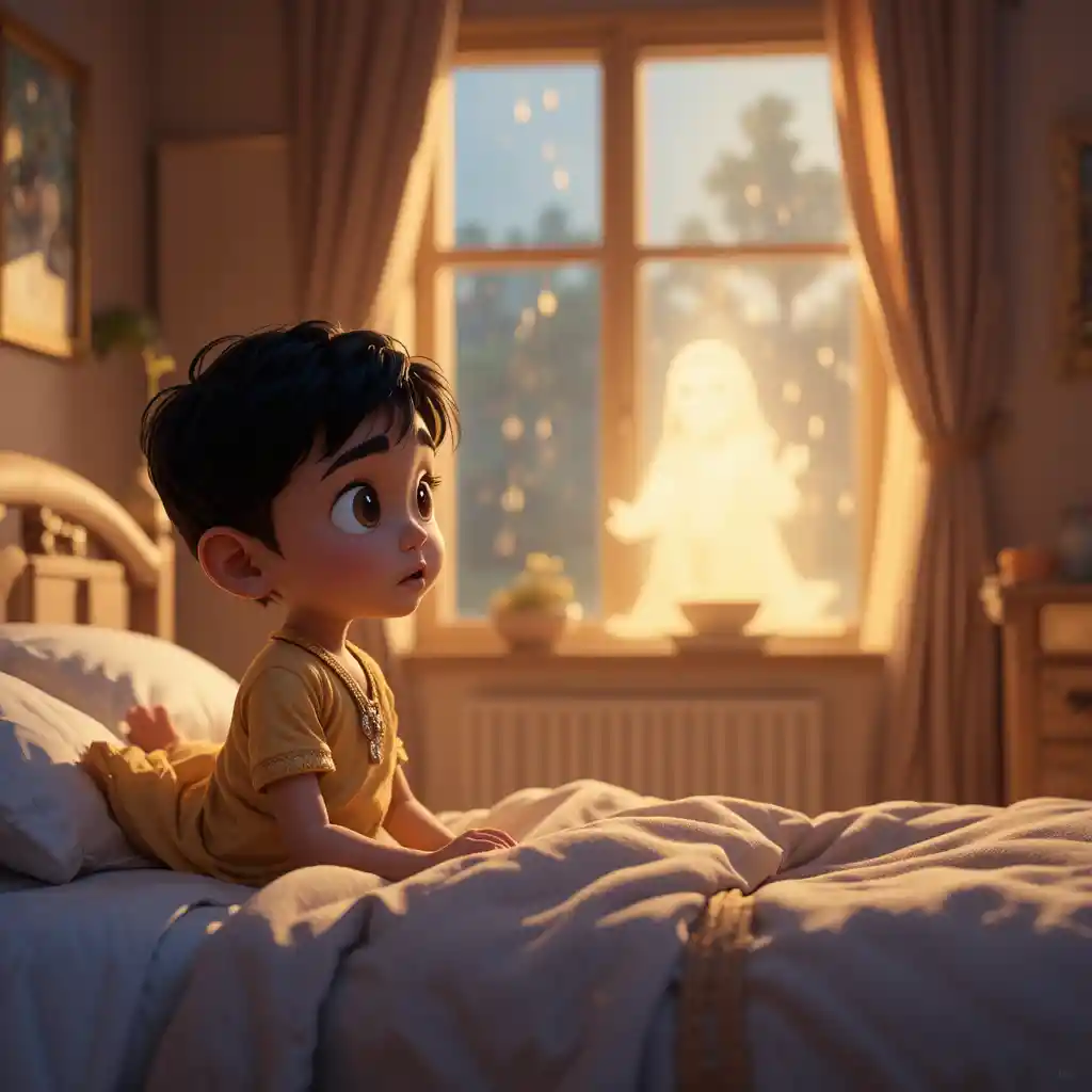 Curious boy in bedroom watching gentle glowing figure