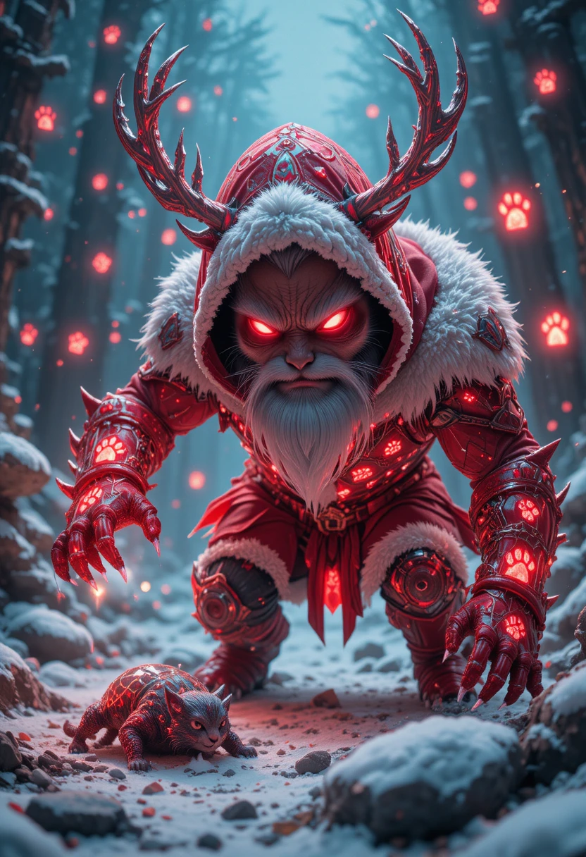 Crystal cat warrior with glowing runes in snowy forest
