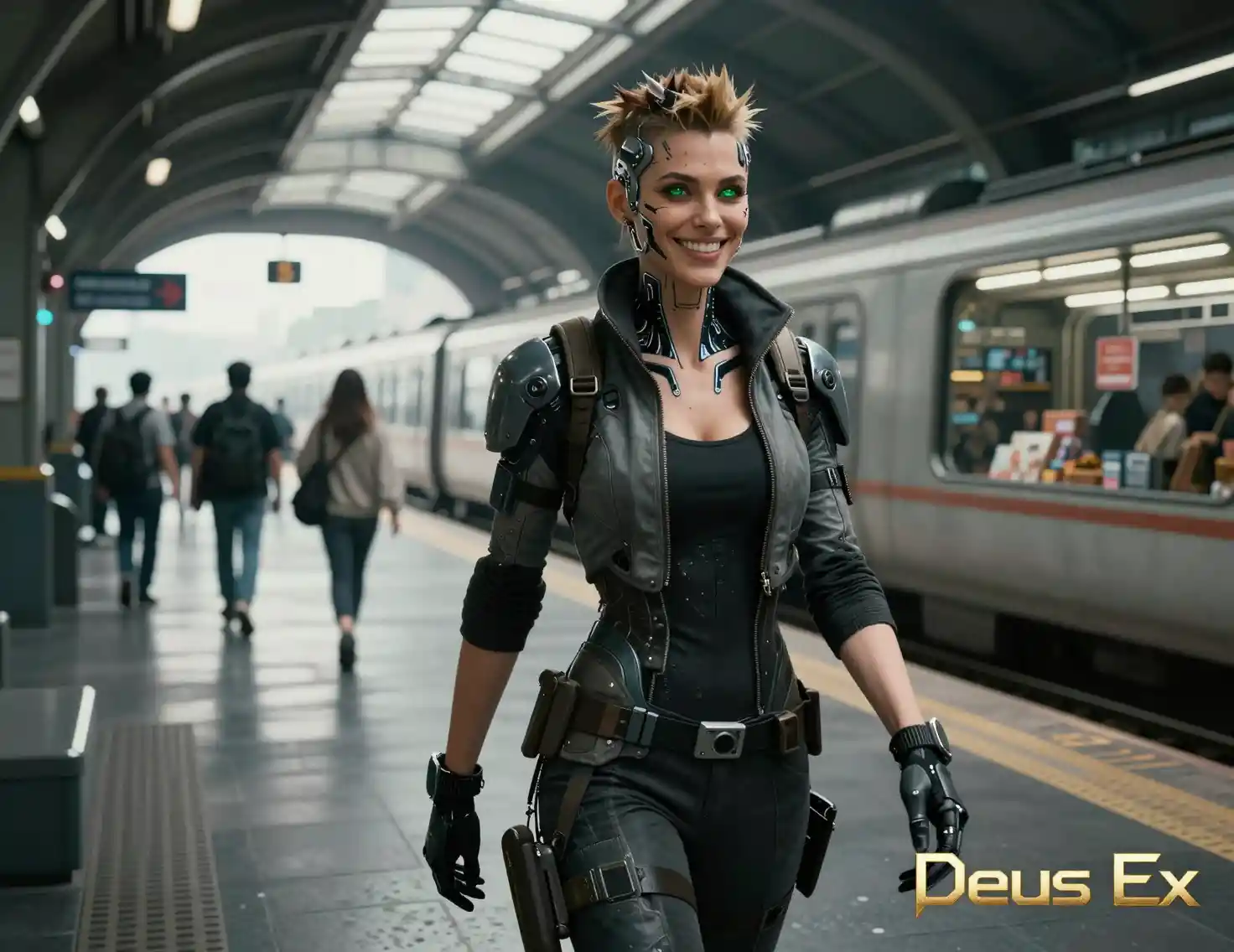 Smiling cyberpunk woman walking through futuristic train station