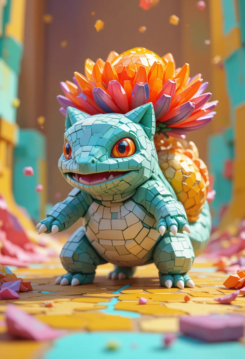 Criatura voxel com flor cristalina e olhos cor de âmbar