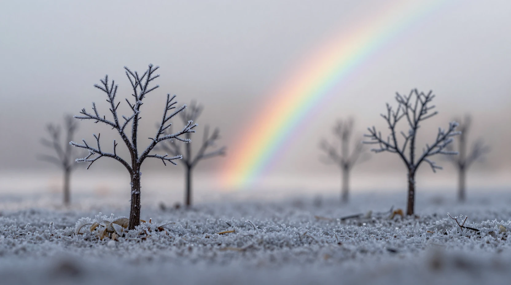 Paysage d’hiver miniature avec arc-en-ciel sous une douce lumière nuageuse
