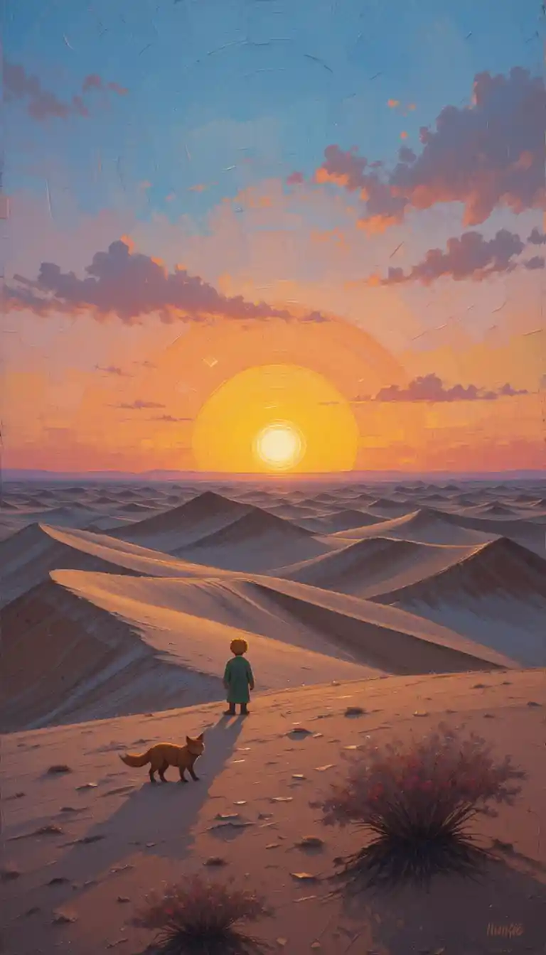 Il piccolo principe e la volpe in un tranquillo tramonto nel deserto – dipinto