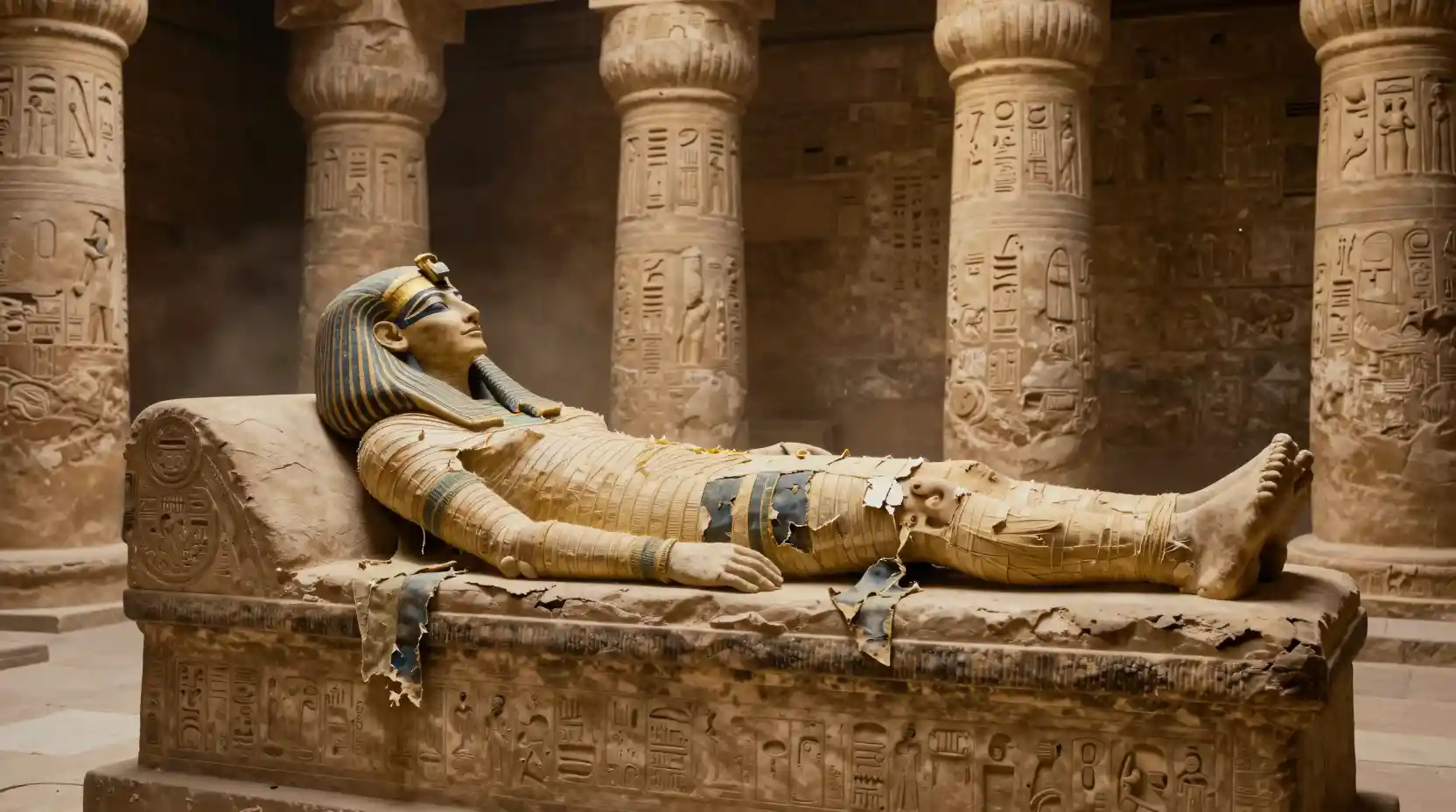 Regina mummificata distesa su un letto di pietra nel tempio