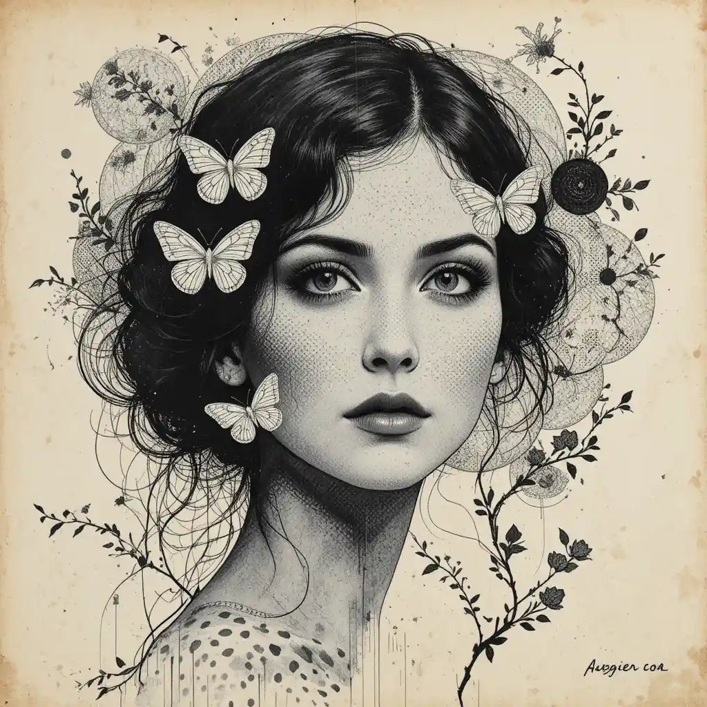 Mixed media portrait of a woman with butterflies and ink