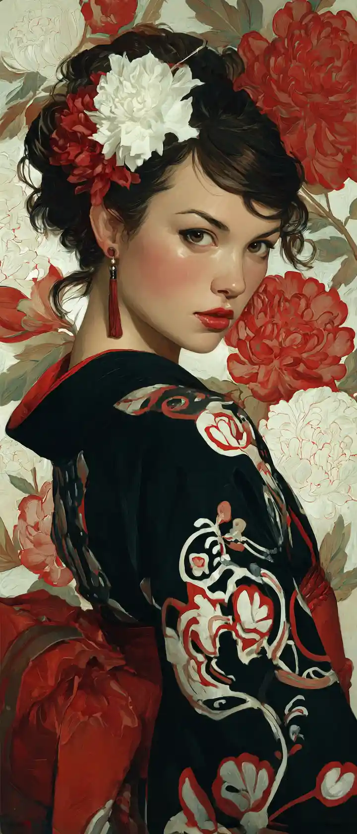 Elegante ritratto di una geisha in un kimono nero floreale
