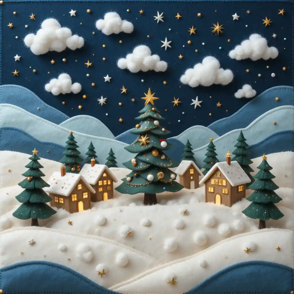 Acogedor árbol de Navidad de fieltro en un paisaje textil nevado