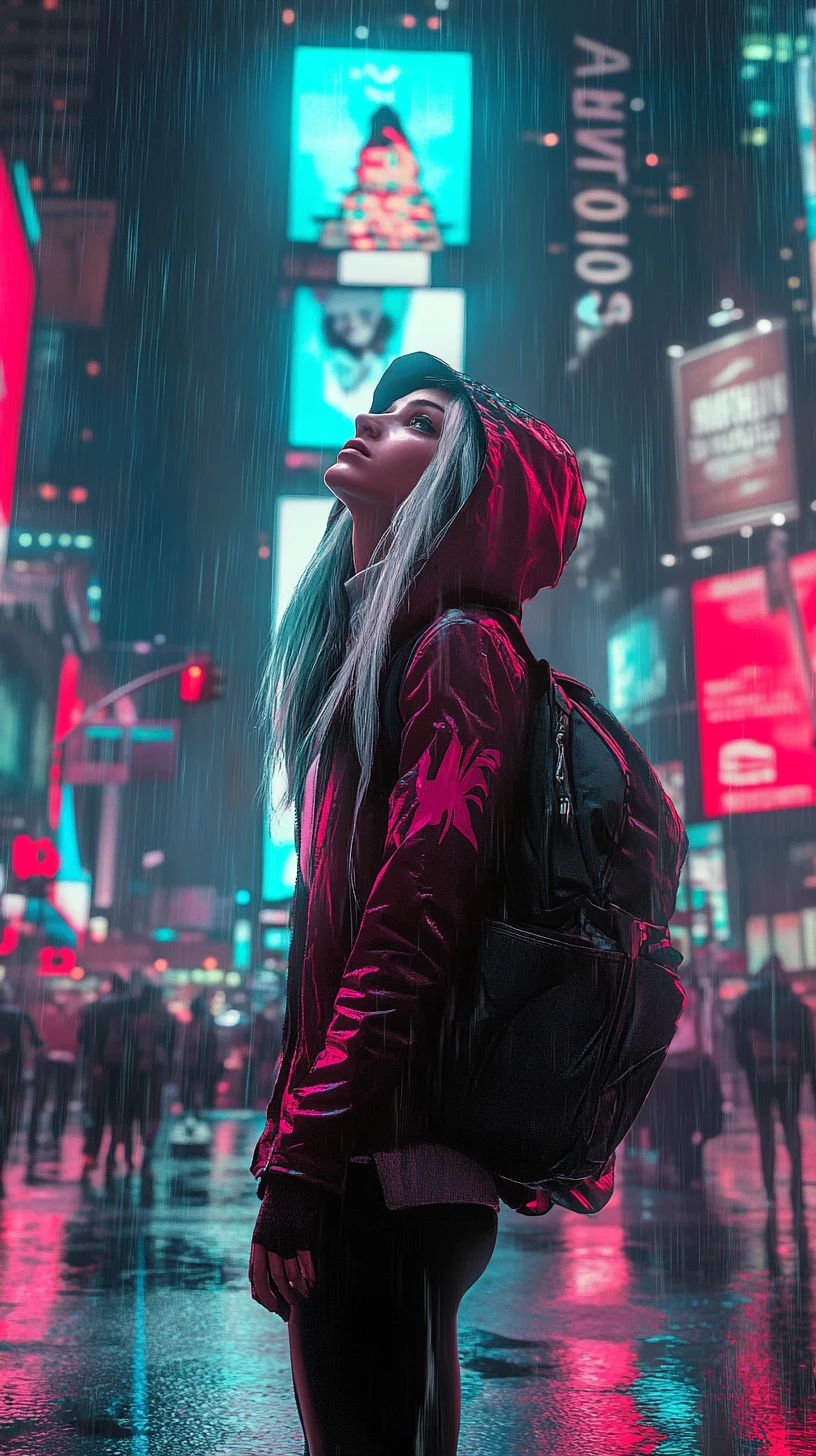 Mulher determinada na Times Square sob luzes neon da cidade