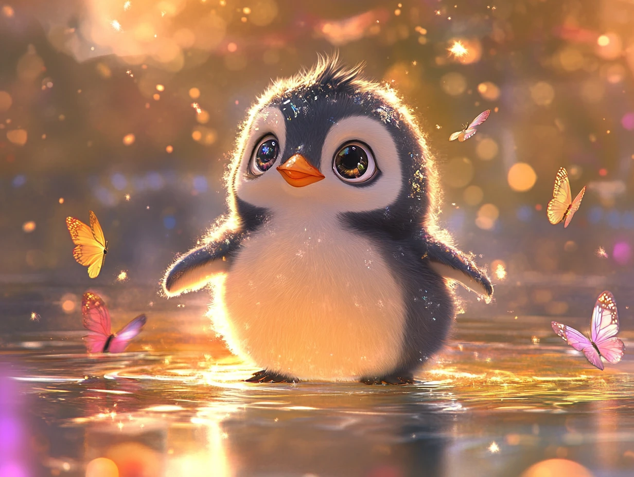 Adorabile cucciolo di pinguino in una scintillante piscina al tramonto