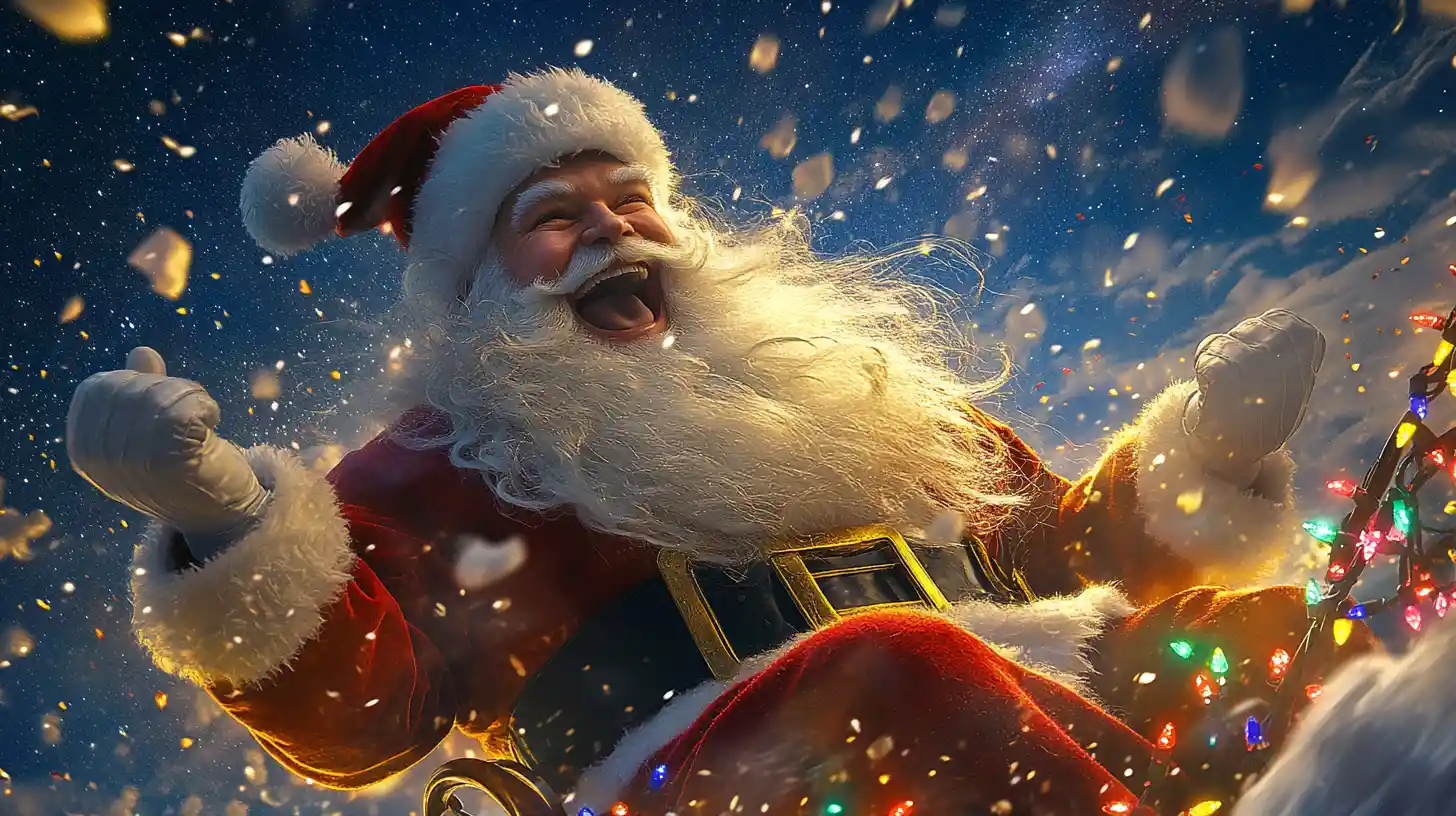 Papai Noel rindo em um trenó pelo céu noturno estrelado