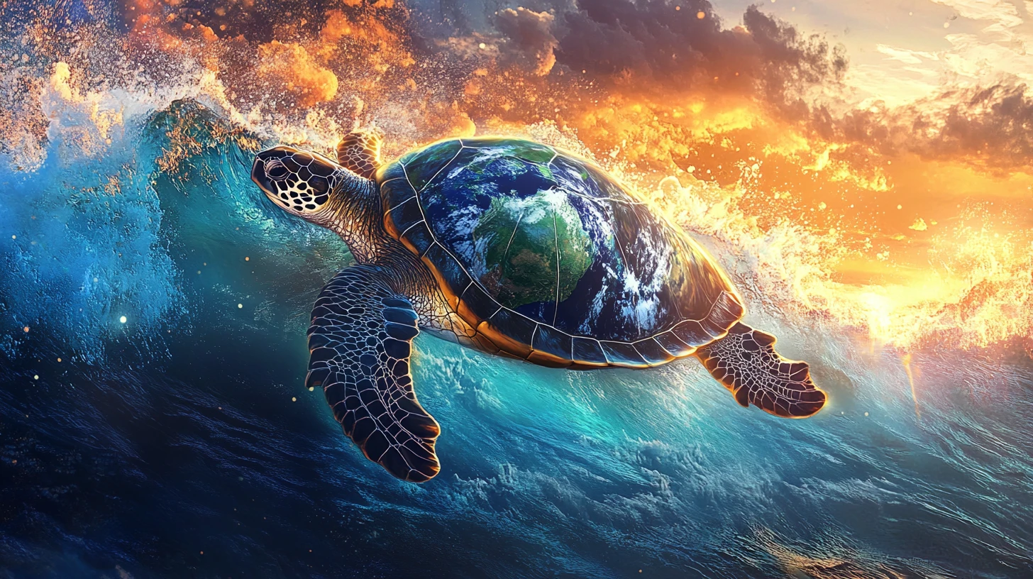 Tortuga marina surrealista con caparazón de la Tierra al atardecer brillante