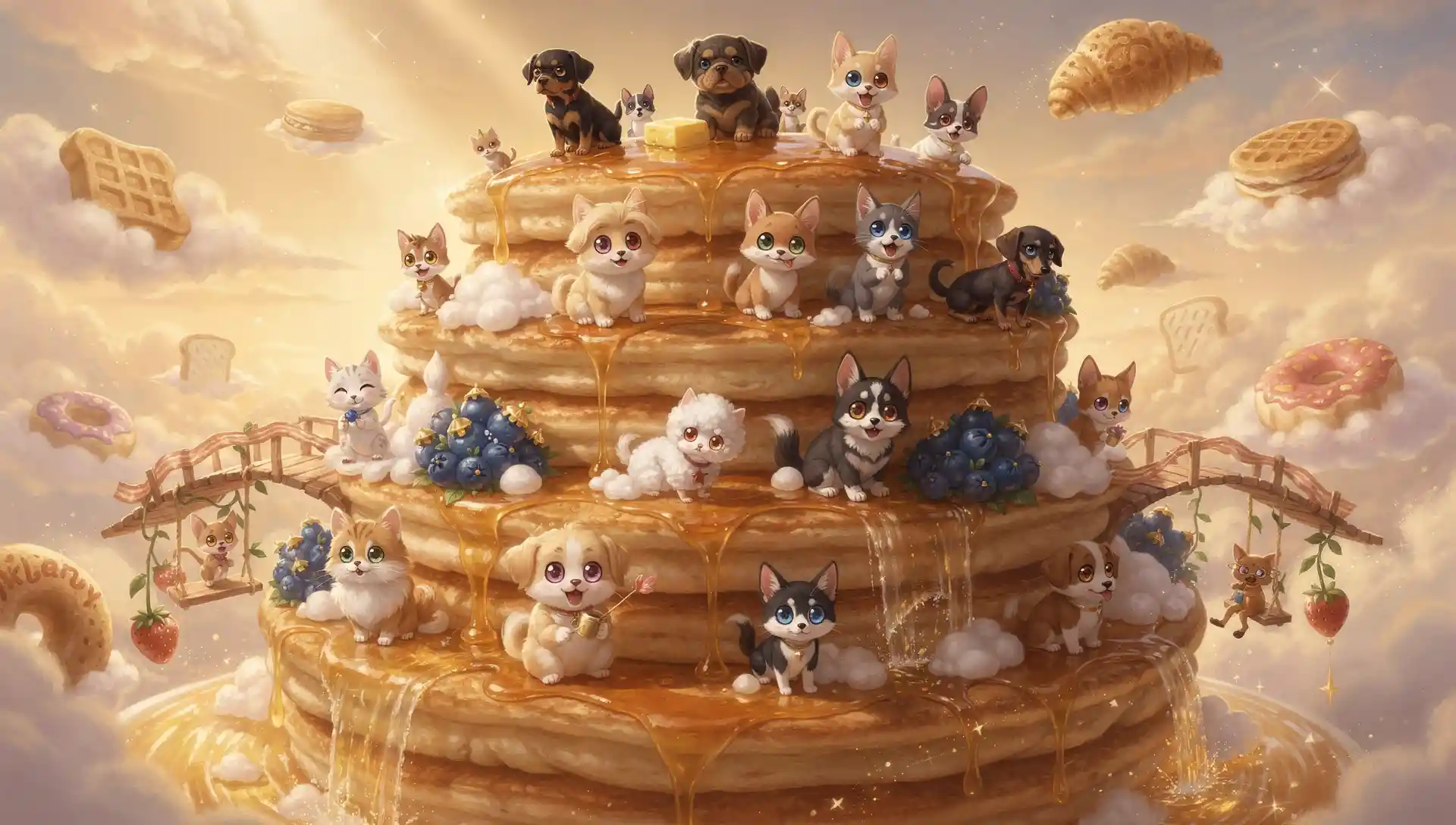 Tour de Pancakes Fantaisiste Flottant dans un Ciel Doré de Rêve