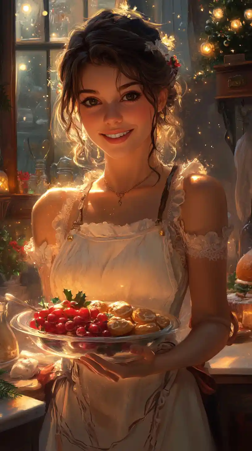 Donna sorridente con biscotti di Natale in una cucina accogliente