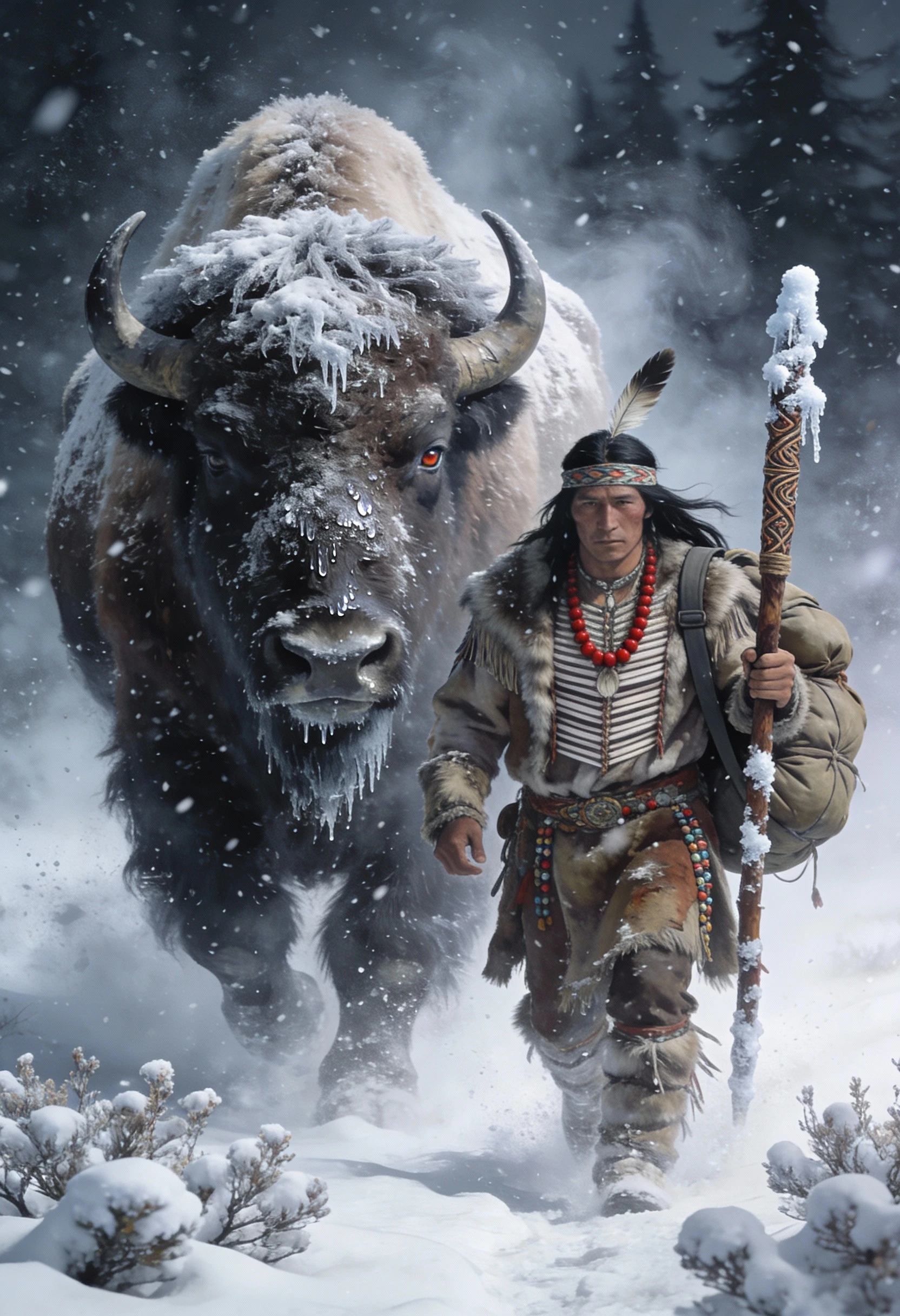 Bison Striding Through Blizzard In Snowy Wilderness