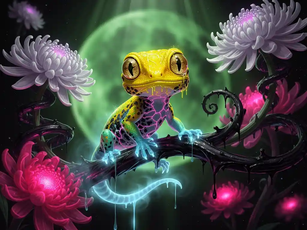 Psychedelic neon gecko on floating dark branch in void