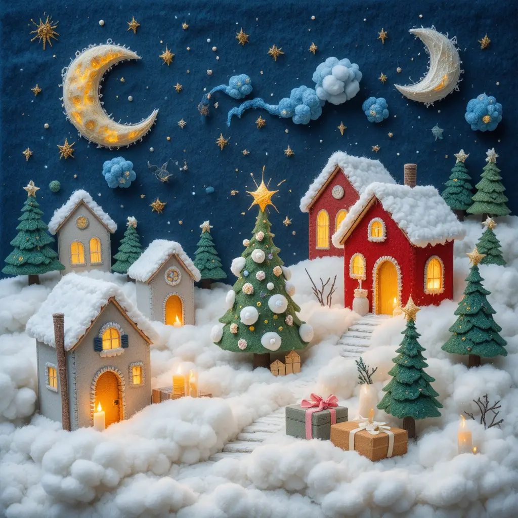 Village de Noël en feutrine au charme enfantin sous un doux ciel nocturne d’hiver