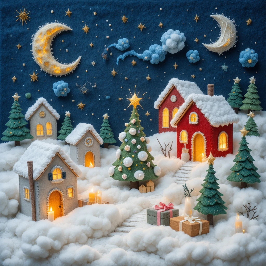 Vila de Natal de feltro infantil sob um suave céu noturno de inverno