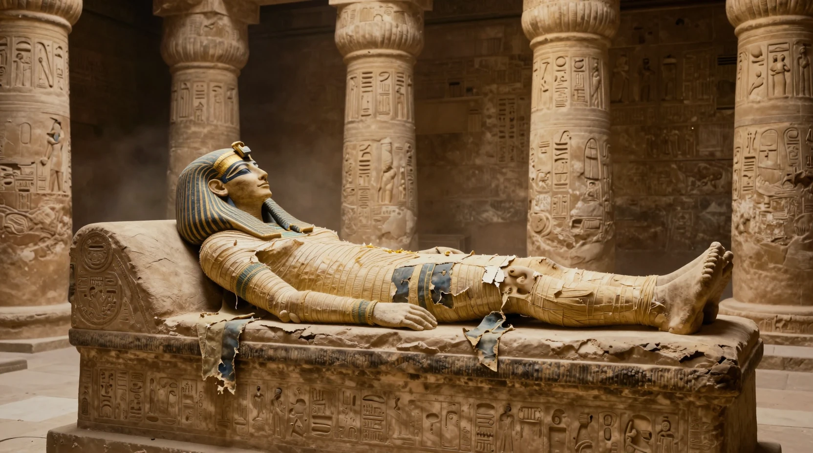 Rainha mumificada descansando em um leito de pedra no templo