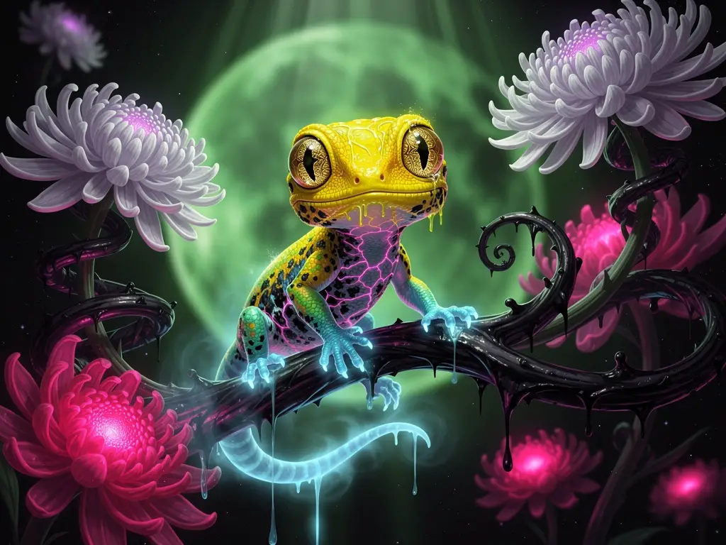 Psychedelic neon gecko on floating dark branch in void