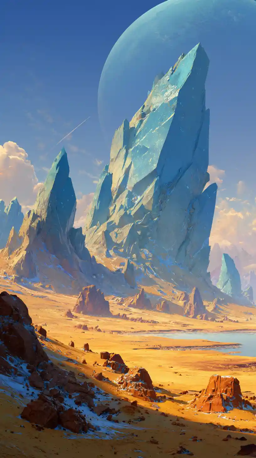 Surreal Alien Desert With Crystalline Monolith And Vast Sky