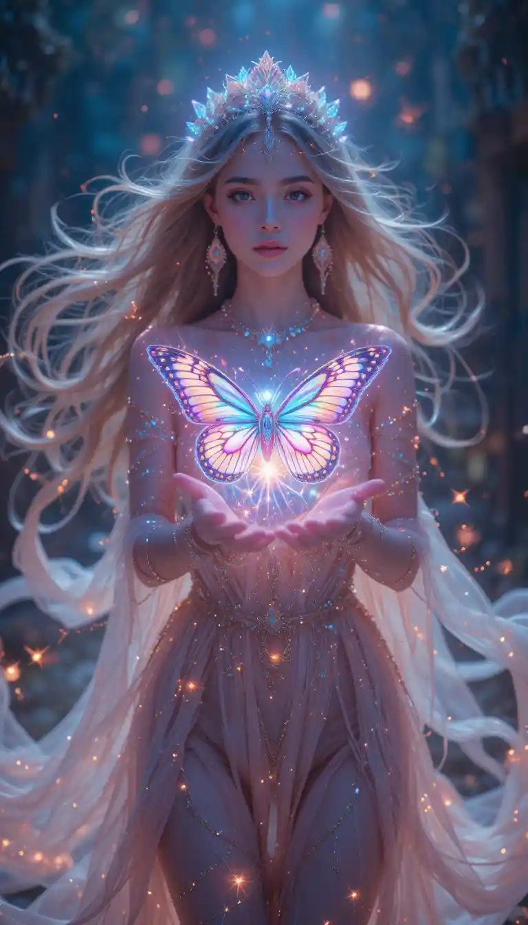 幻想的な女神がまばゆい超現実的な光の中を歩む