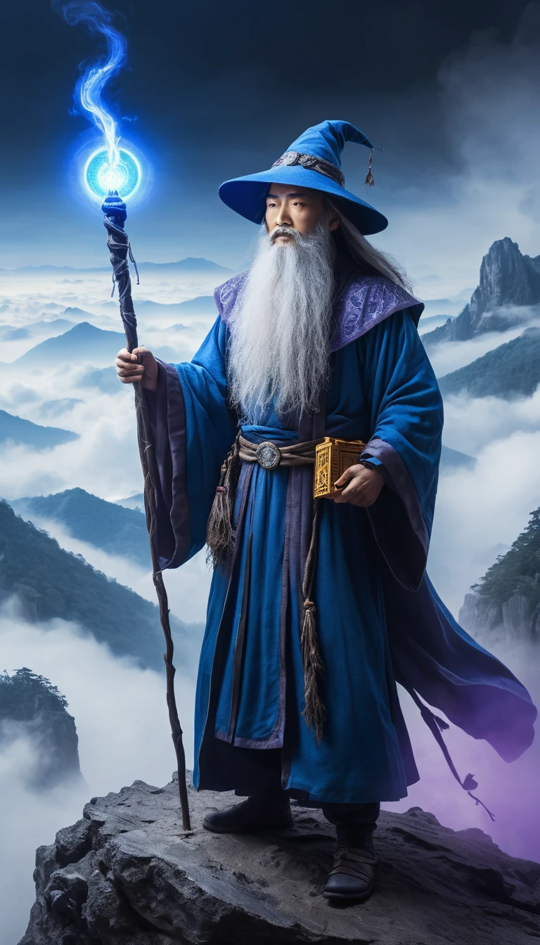 Mago oriental místico em um cume de montanha enevoado
