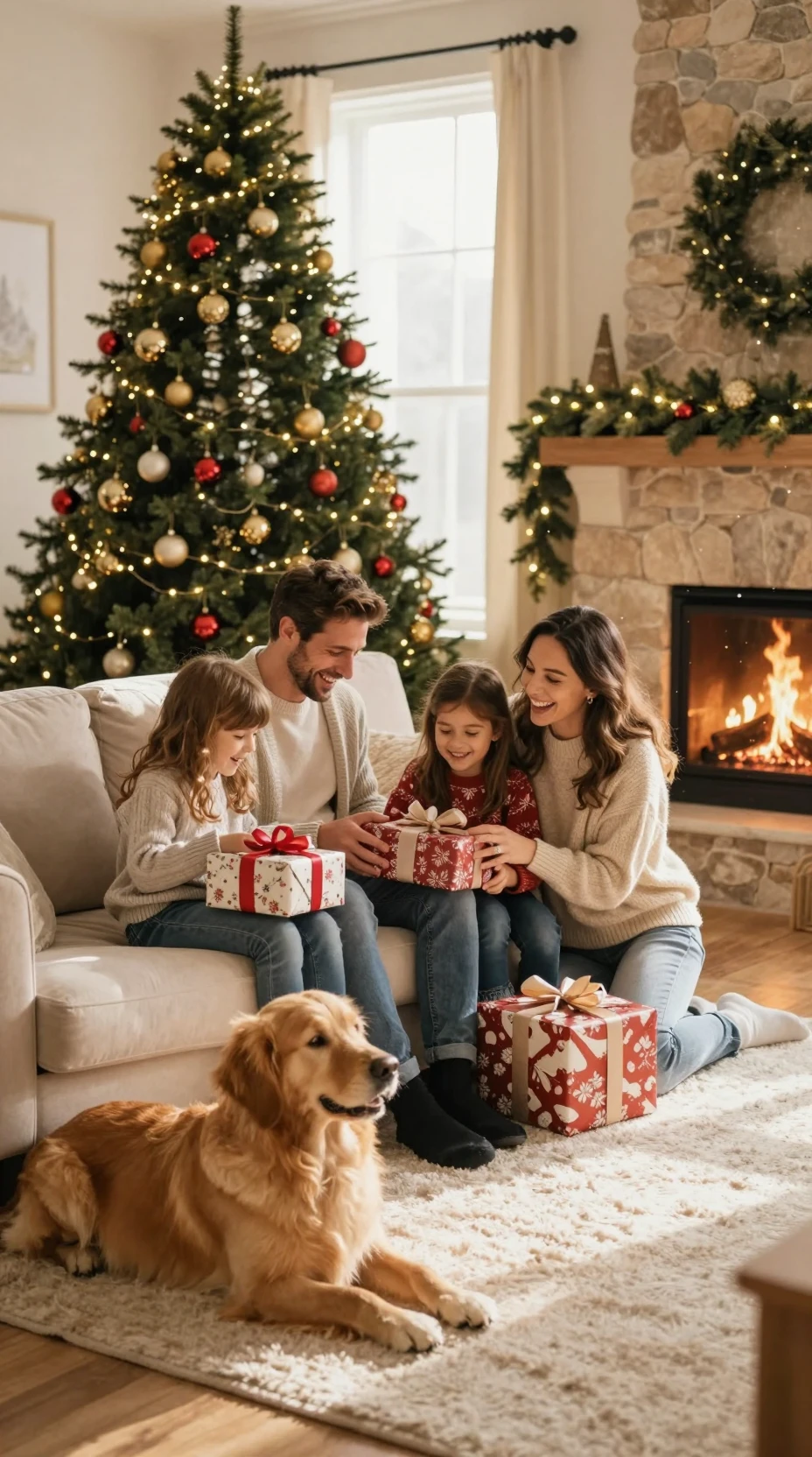 Famille heureuse ouvrant ses cadeaux de Noël dans un salon chaleureux