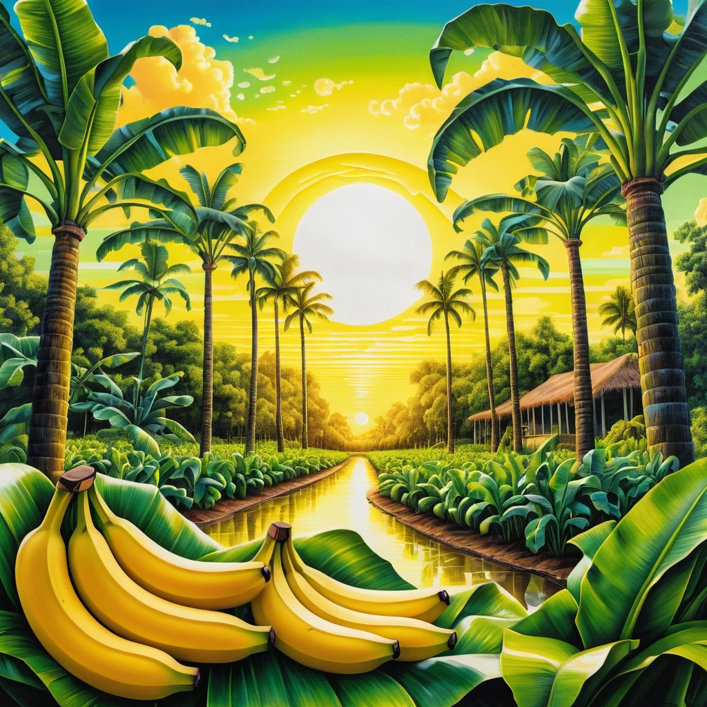 Plantation de bananes surréaliste à l’aube dans des tons jaune néon