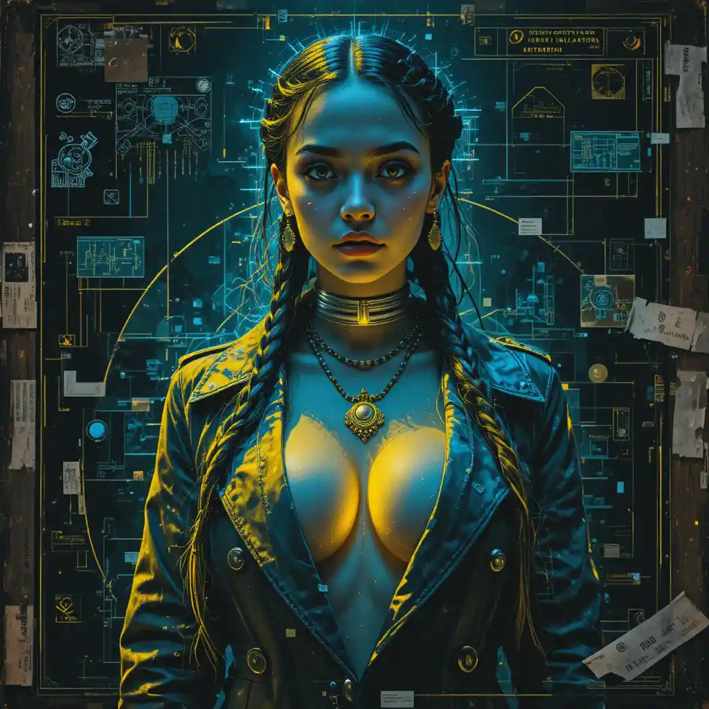 Surreal cyber noir portrait of a powerful glowing woman