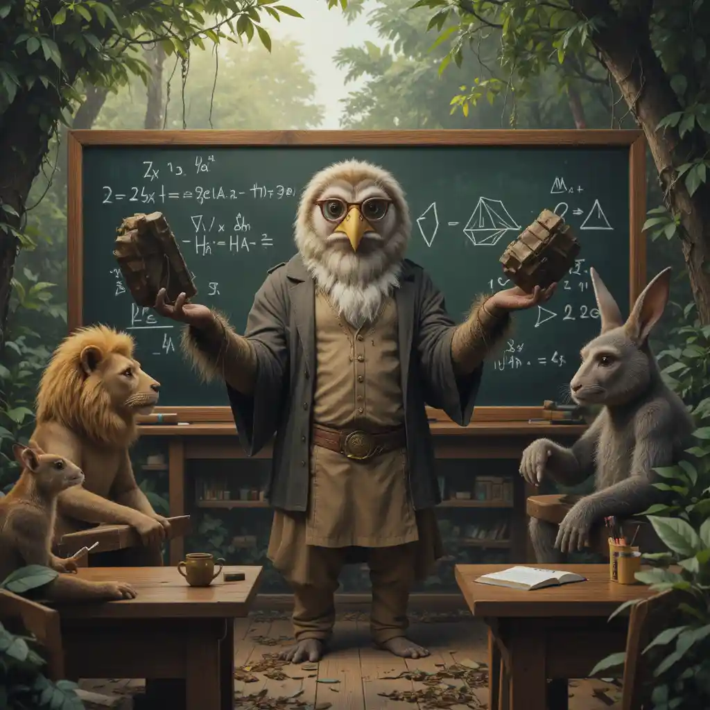 Anthropomorphic bird teacher giving math lesson in jungle classroom