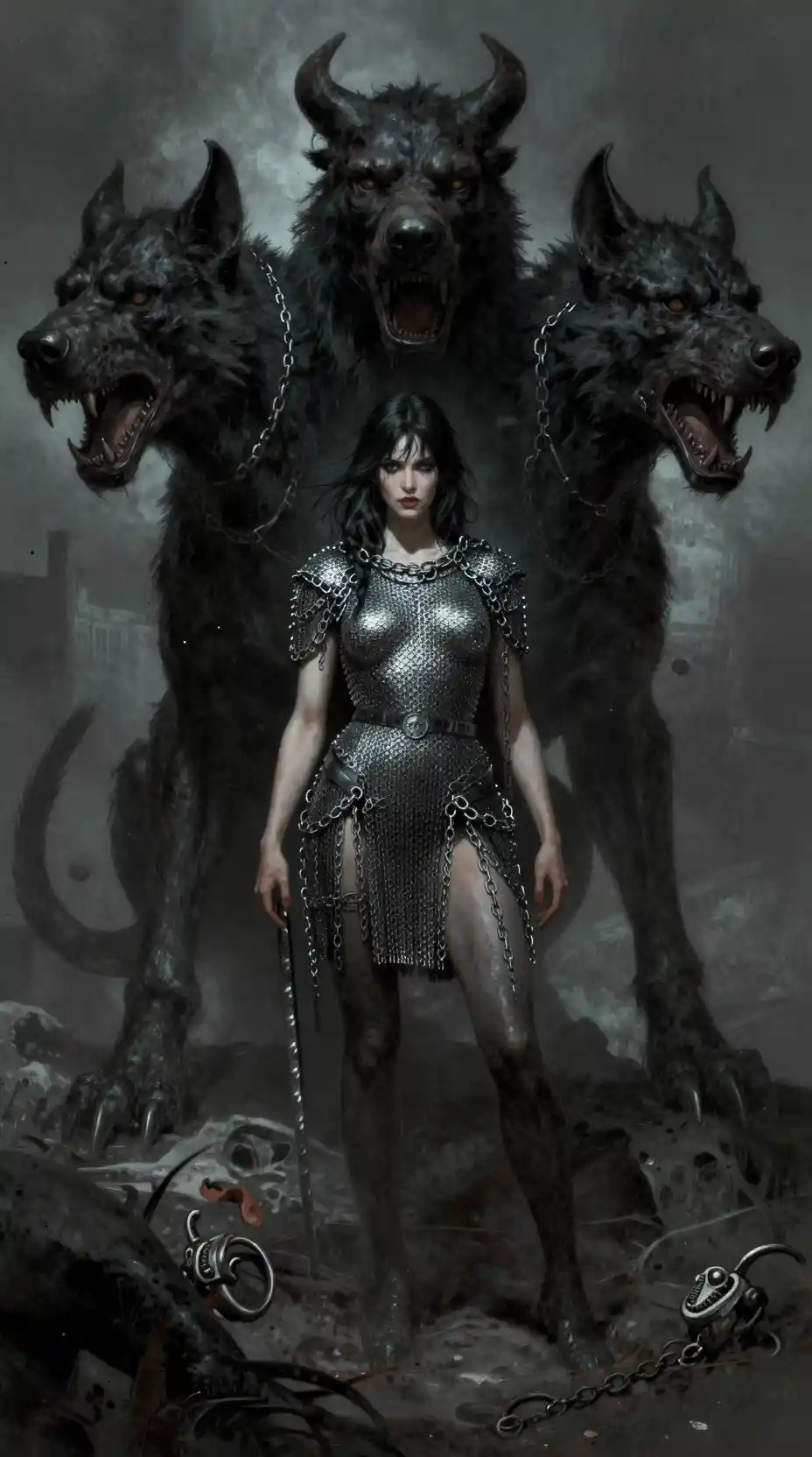 Dark fantasy woman with cerberus in chainmail armor