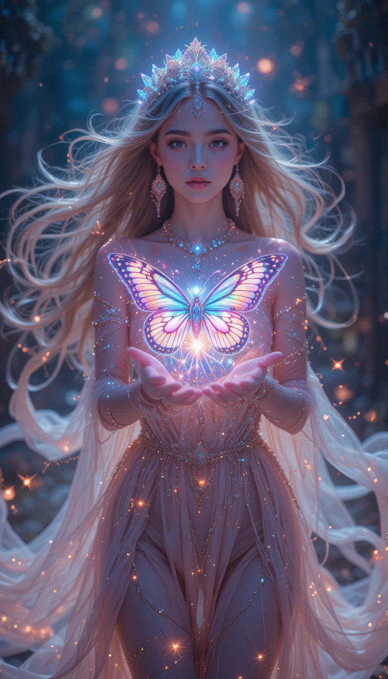 幻想的な女神がまばゆい超現実的な光の中を歩む