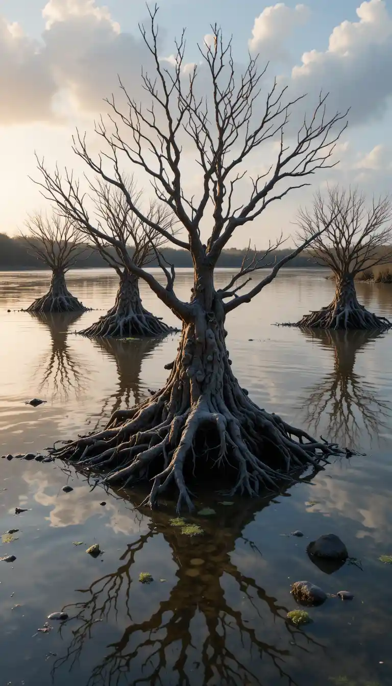 Mangrove trees reflected in calm golden wetland water