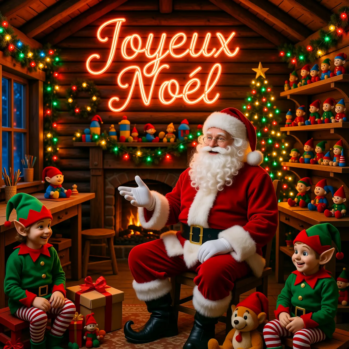 Interno della bottega di Babbo Natale con elfi indaffarati e augurio al neon