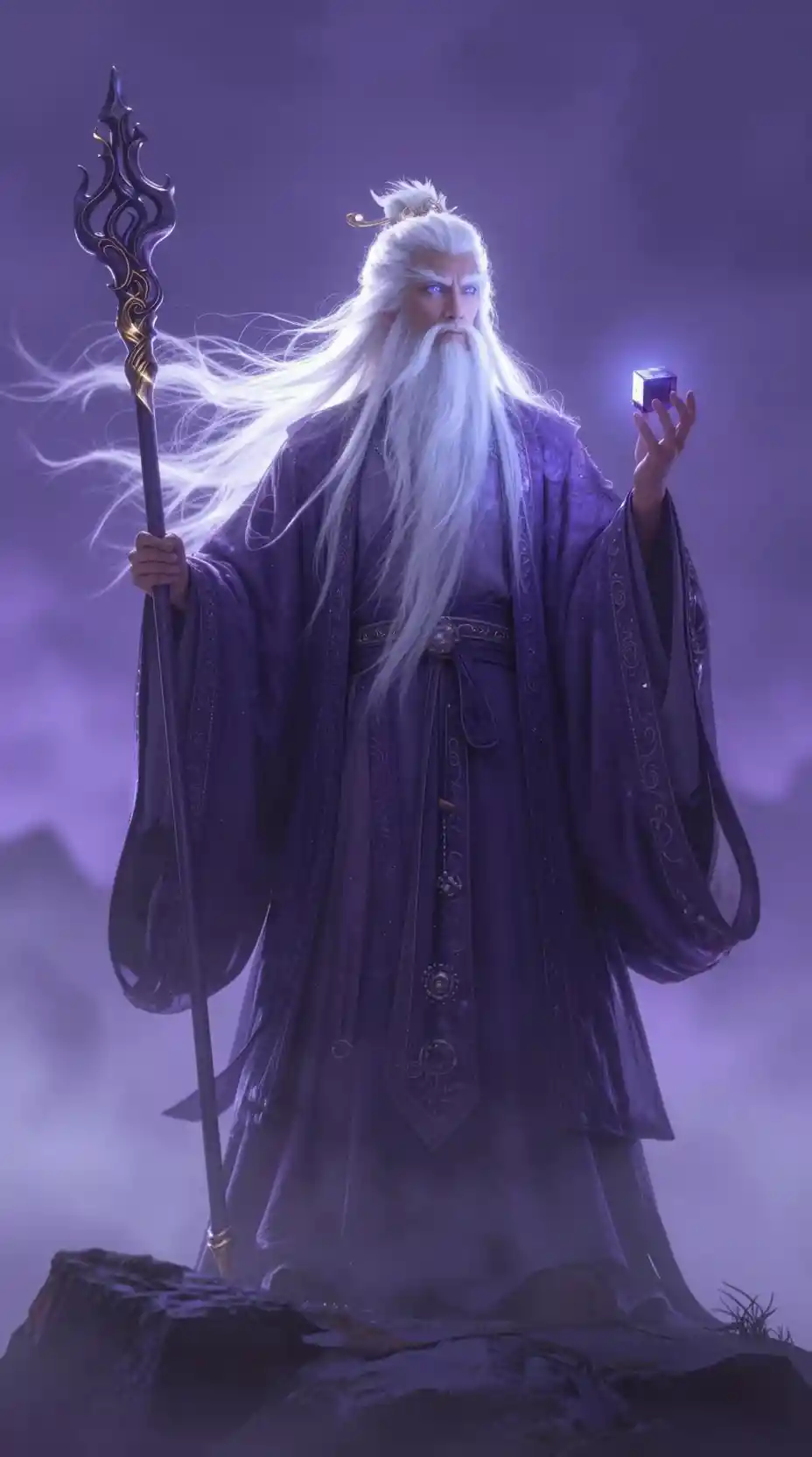 Mystical wizard on a misty mountain with glowing aura
