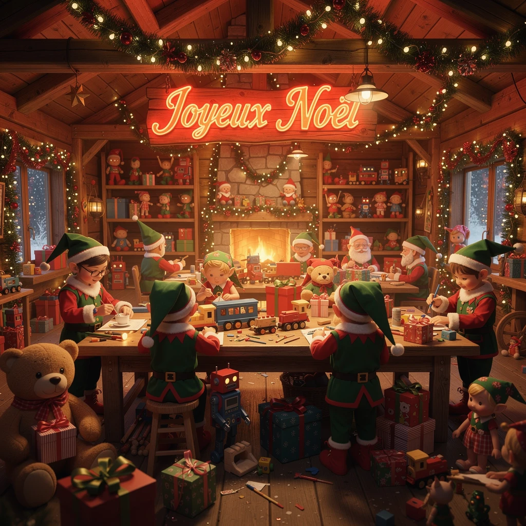 Santa workshop interior with elves toys and neon greeting