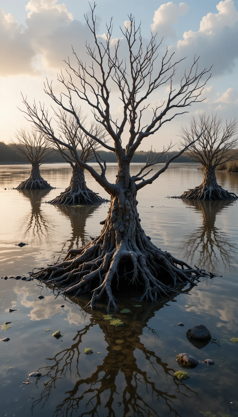 Manguezais refletidos na água dourada e calma do mangue