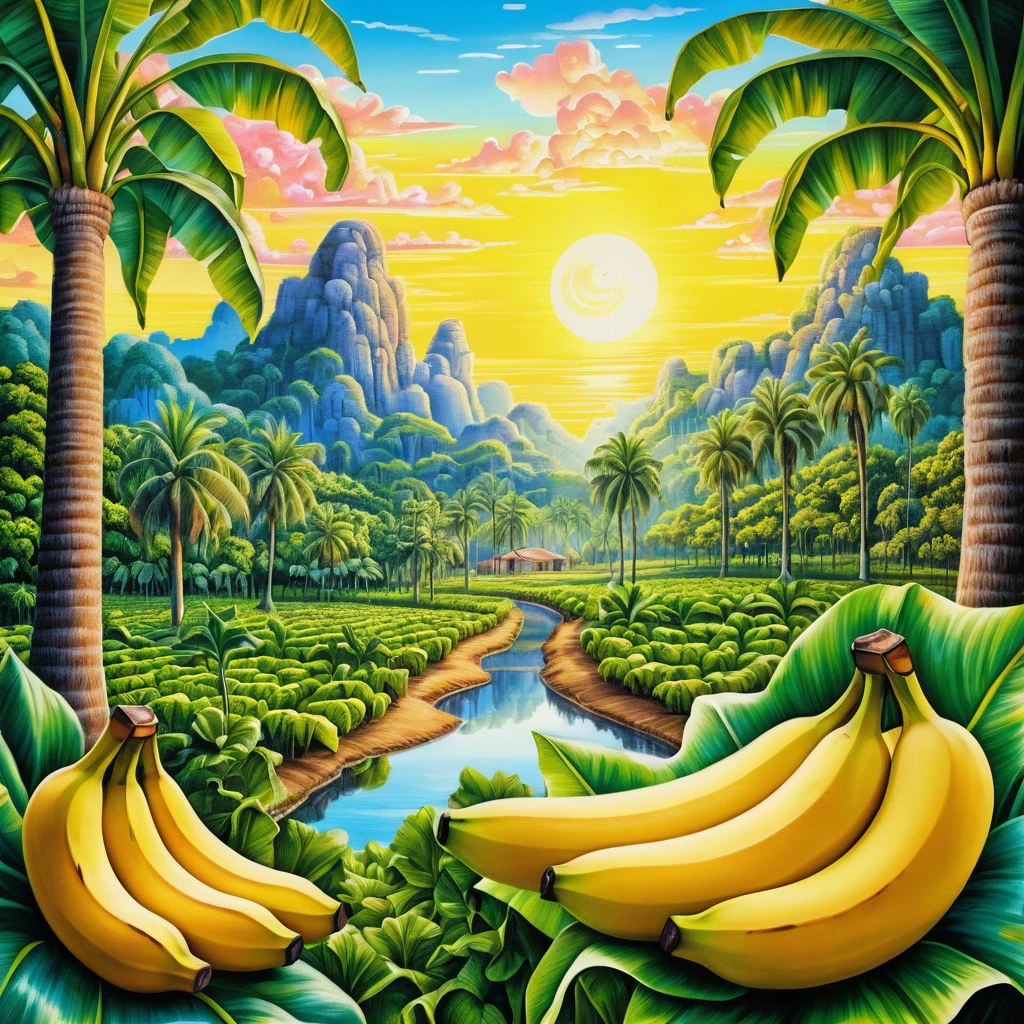 Plantation de bananiers surréaliste au lever du soleil en couleurs néon