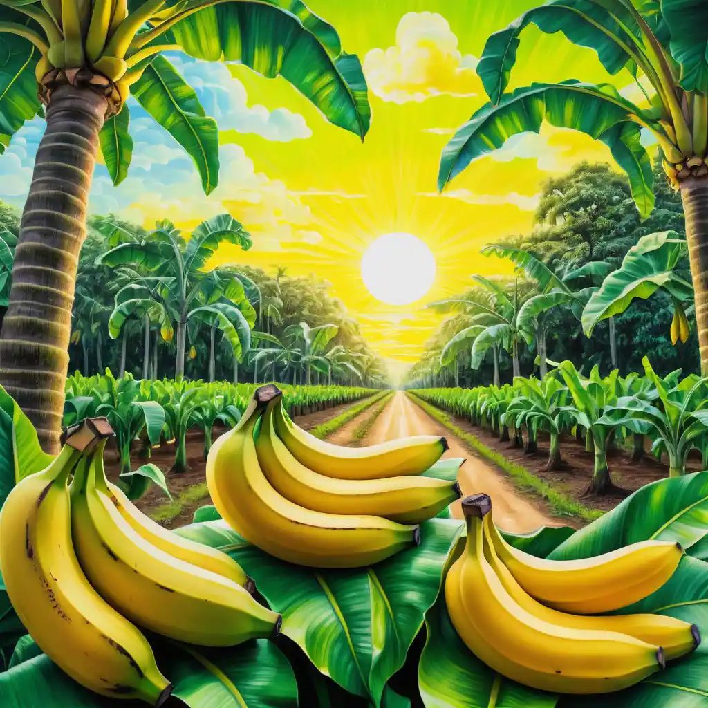 Surreal banana plantation at sunrise in neon summer colors