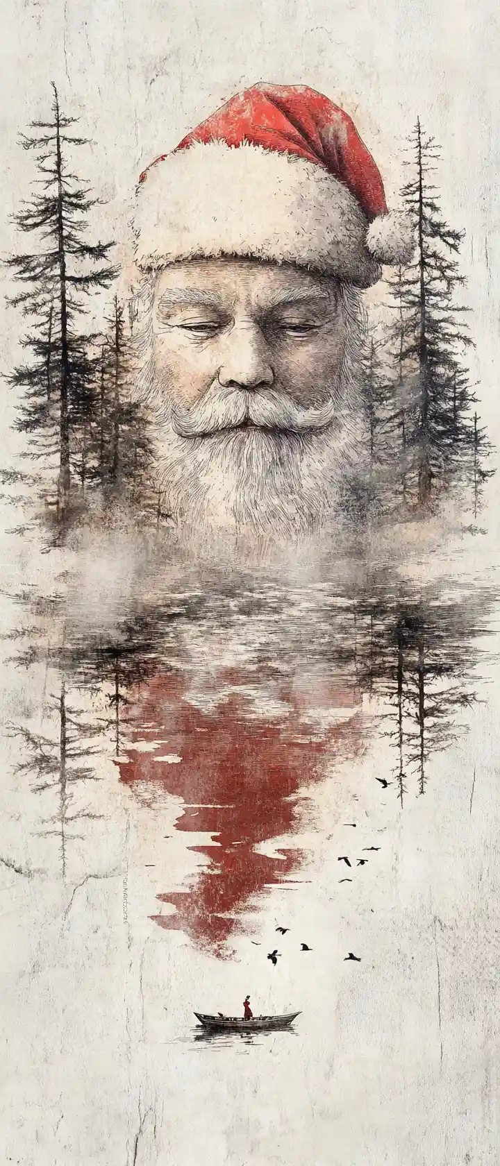 Collage en tinta del rostro de Papá Noel sobre lago forestal tranquilo