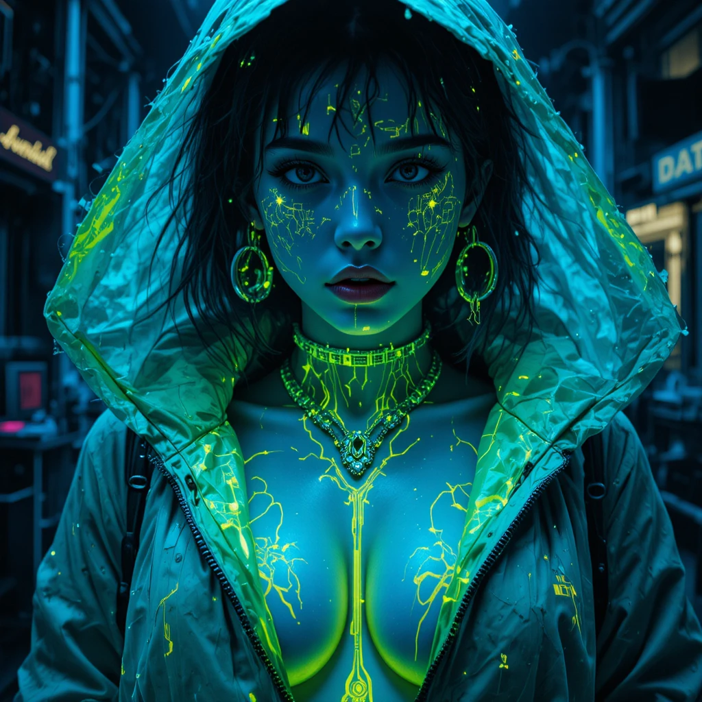 Mulher cyberpunk se dissolvendo em um sinal digital brilhante