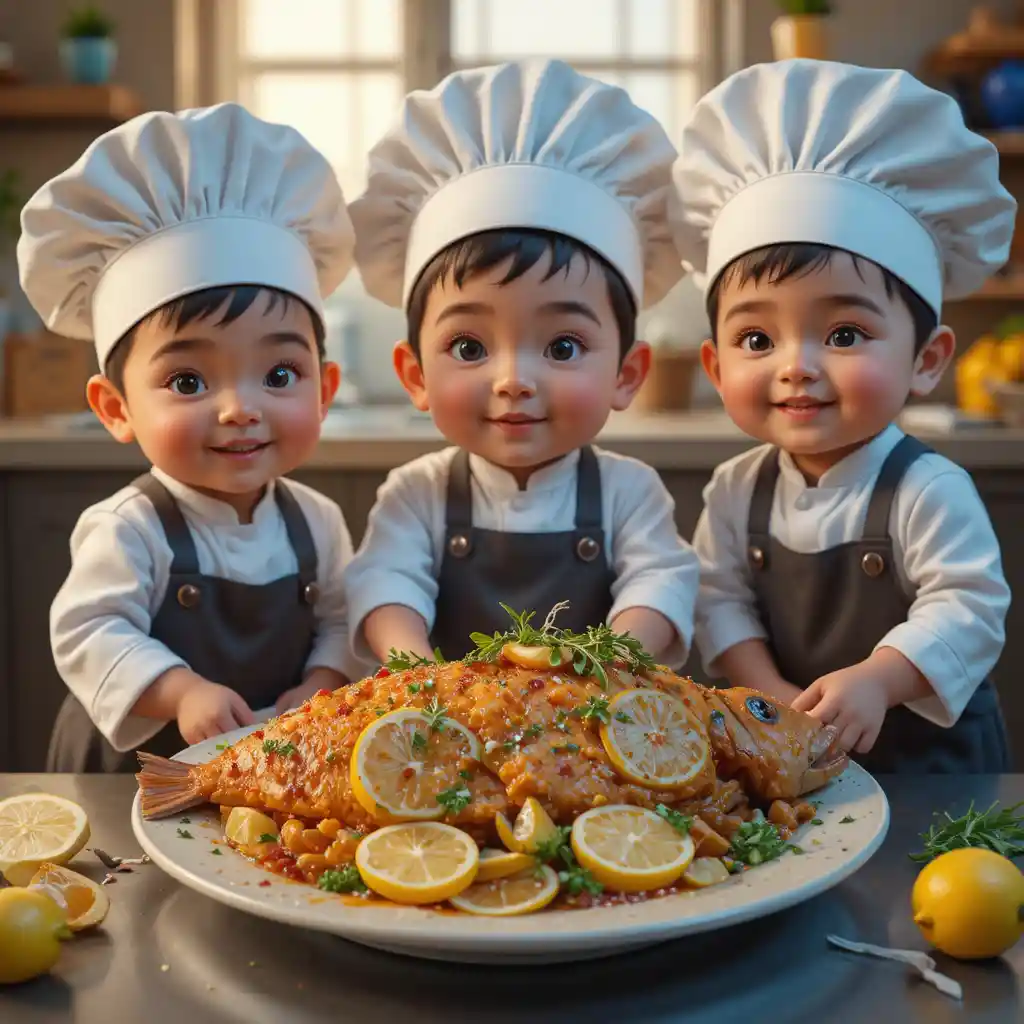 Bebés chefs presentando un plato de pescado frito con guarniciones
