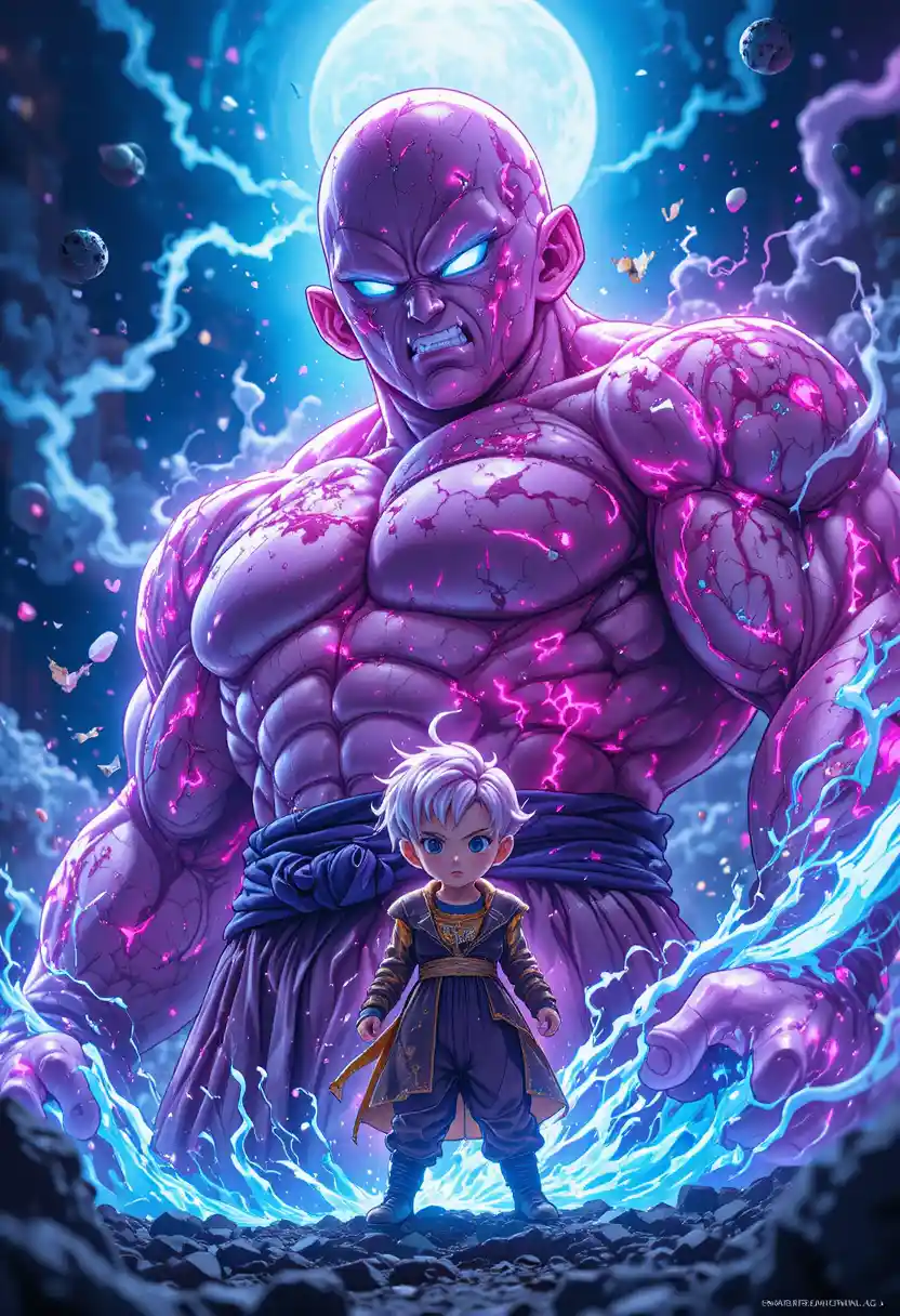 Illustration anime d’une mise en scène dramatique du personnage Majin Buu