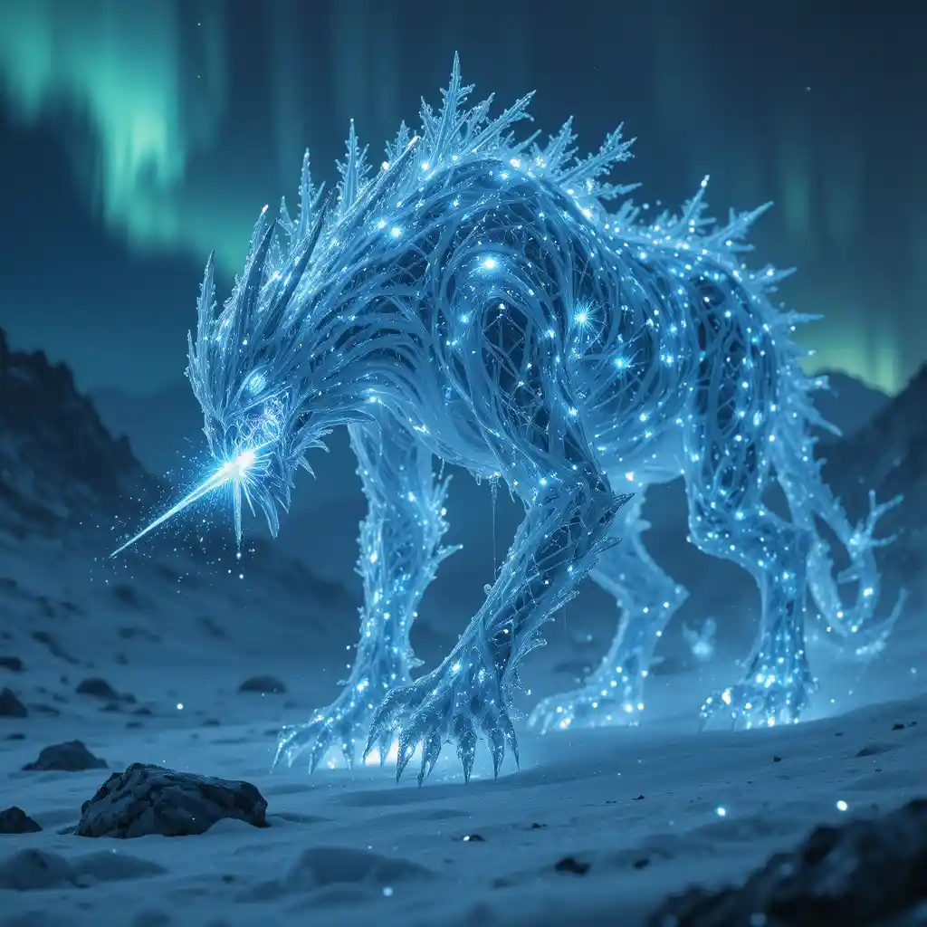Snowflake Creature Walking Across A Frozen Glowing Tundra