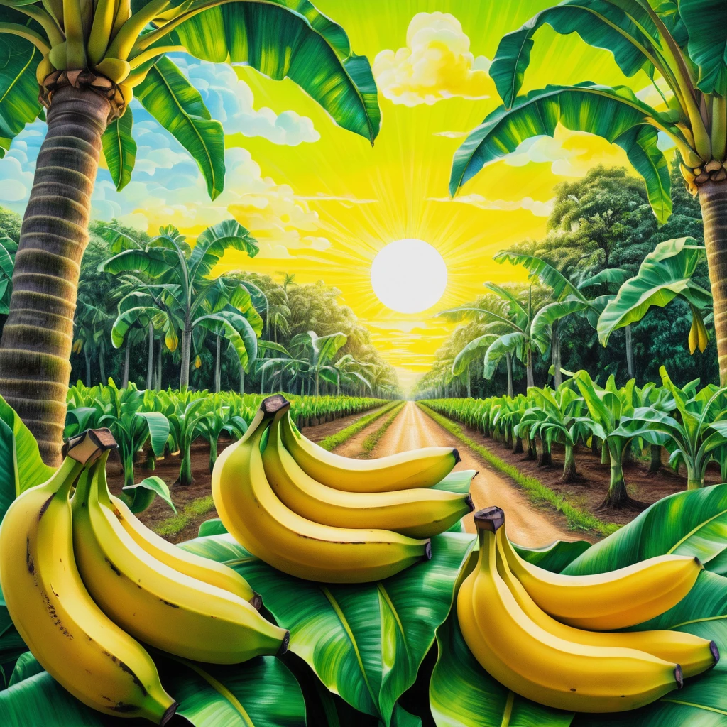 Surreal banana plantation at sunrise in neon summer colors