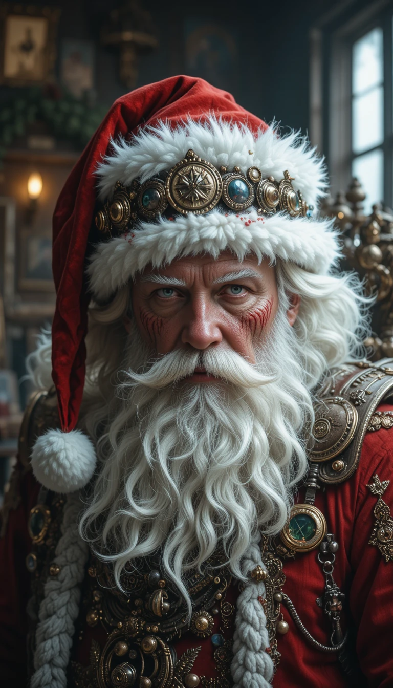 Brutal cyberpunk santa portrait in a post apocalyptic world