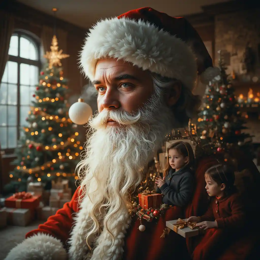 Portrait en double exposition du Père Noël avec salon de Noël chaleureux