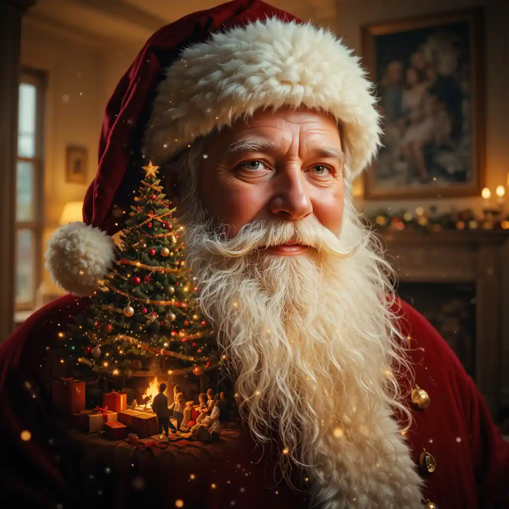 Double exposure portrait of Santa with cozy Christmas room