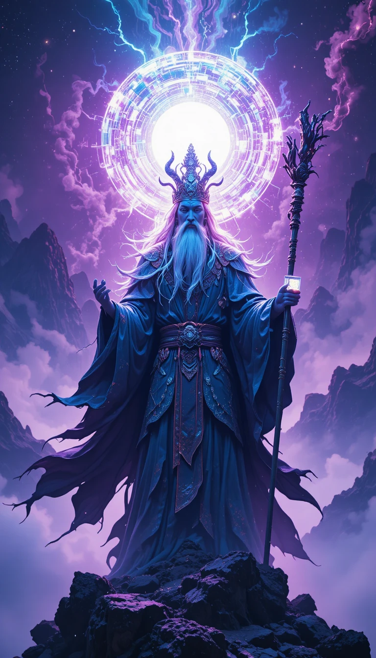 Wise eastern wizard on a misty mystical mountain summit