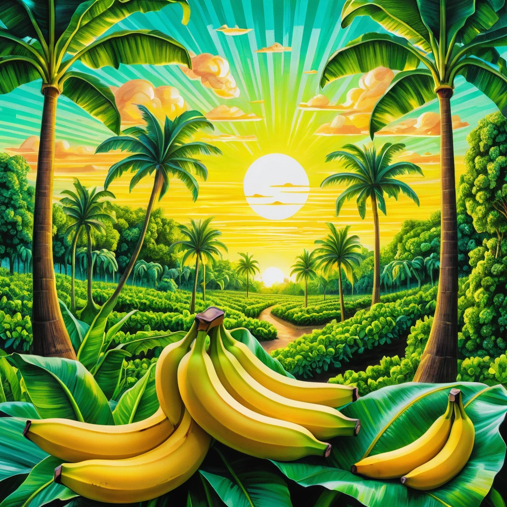 Bananeraies Surréalistes au Lever du Soleil dans une Plantation d’Été Néon