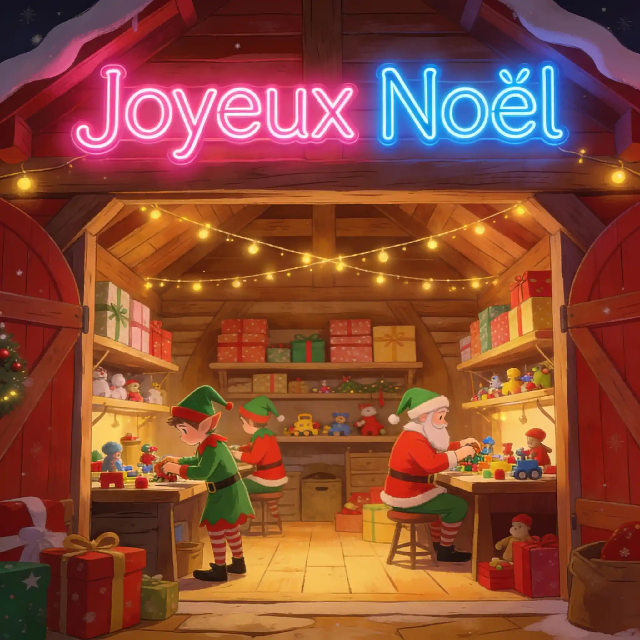 Elfi di Natale festosi in un laboratorio di giocattoli in legno